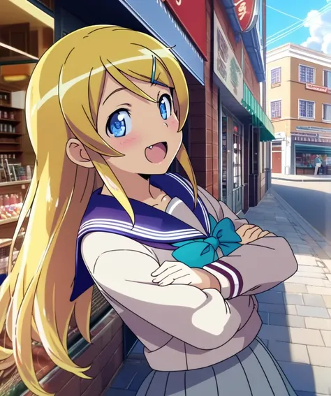 1girl,kirino,smile,open mouth,fang, slender figure,sailor uniform,blue-gray plits skirt,blue eyes,hair clip,crossed arms,town street,storefront,close up,sunny day,<lora:kirino_XL:0.8>,blonde long hair.shiny eyes,ultra-detailed,masterpiece,best quality