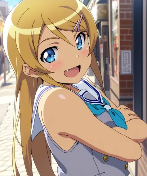 1girl,kirino,smile,open mouth,fang, slender figure,sailor uniform,blue-gray plits skirt,blue eyes,hair clip,crossed arms,town street,storefront,close up,sunny day,<lora:kirino_XL:0.8>,blonde long hair.shiny eyes,ultra-detailed,masterpiece,best quality