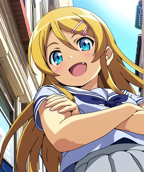 1girl,kirino,smile,open mouth,fang, slender figure,sailor uniform,blue-gray plits skirt,blue eyes,hair clip,crossed arms,from below,town street,storefront,close up,sunny day,<lora:kirino_XL:0.8>,blonde long hair.shiny eyes,ultra-detailed,masterpiece,best quality,anime coloring