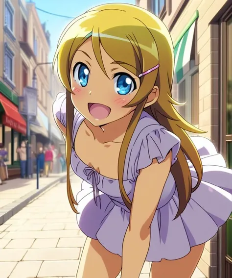 1girl,girl focus,kirino,happy, stylish dress,,blue eyes,hair clip,stylish pose,town street,storefront,cowboy shot,close up,sunny day,<lora:kirino_XL:0.8>,blonde long hair.shiny eyes,ultra-detailed,masterpiece,best quality,anime coloring