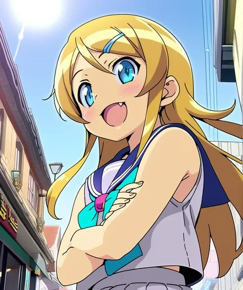 1girl,kirino,smile,open mouth,fang, slender figure,sailor uniform,blue-gray plits skirt,blue eyes,hair clip,crossed arms,from below,town street,storefront,close up,sunny day,<lora:kirino_XL:0.8>,blonde long hair.shiny eyes,ultra-detailed,masterpiece,best quality,anime coloring