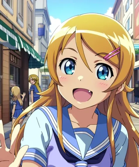 1girl,kirino,smile,open mouth,fang, slender figure,sailor uniform,blue-gray plits skirt,blue eyes,hair clip,waving at viewer,town street,storefront,close up,sunny day,<lora:kirino_XL:0.8>,blonde long hair.shiny eyes,ultra-detailed,masterpiece,best quality