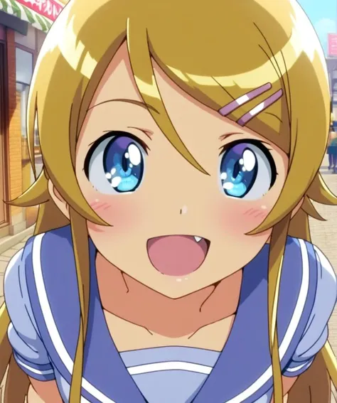 1girl,kirino,smile,open mouth,fang, slender figure,sailor uniform,blue-gray plits skirt,blue eyes,hair clip,waving at viewer,town street,storefront,close up,sunny day,<lora:kirino_XL:0.8>,blonde long hair.shiny eyes,ultra-detailed,masterpiece,best quality