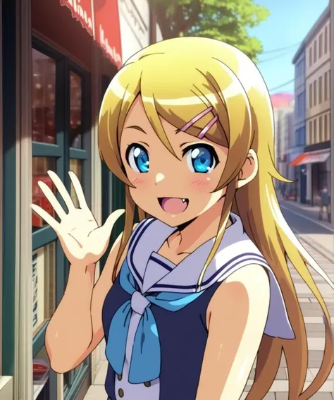 1girl,kirino,smile,open mouth,fang, slender figure,sailor uniform,blue-gray plits skirt,blue eyes,hair clip,waving at viewer,town street,storefront,close up,sunny day,<lora:kirino_XL:0.8>,blonde long hair.shiny eyes,ultra-detailed,masterpiece,best quality
