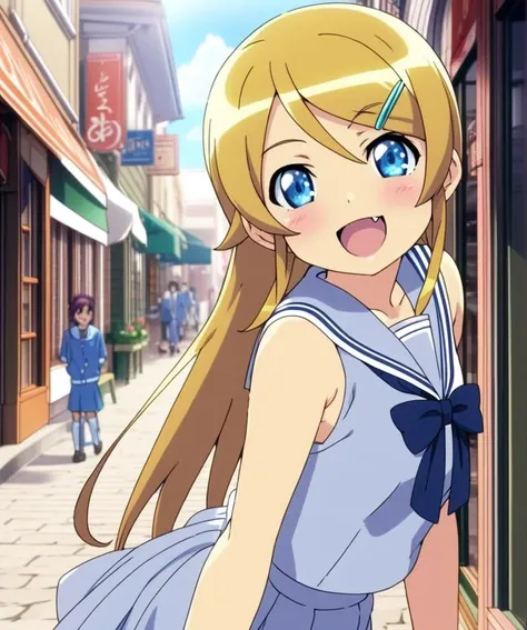 1girl,kirino,smile,open mouth,fang, slender figure,sailor uniform,blue-gray plits skirt,blue eyes,hair clip,stylish pose,town street,storefront,close up,sunny day,<lora:kirino_XL:0.8>,blonde long hair.shiny eyes,ultra-detailed,masterpiece,best quality,anime coloring