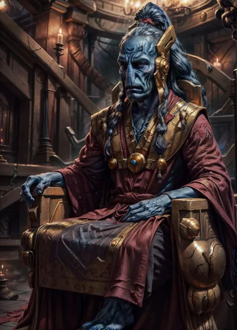 Photo of a tau ethereal, long hair, old, highly detailed, 1boy, robe, alien, (flat nose:1.2), blue skin, sitting on throne, headgear,
<lora:tool - add_detail:1> <lora:Ta'u, Species MK1 by CARAXES:0.7>