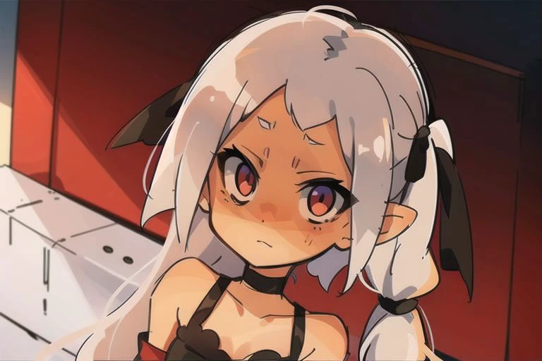 1girl, solo, bangs, bare shoulders, belt, black choker, black ribbon, blurry, blurry background, bow, breasts, brown hair, buckle, choker, cleavage, collarbone, depth of field, long hair, looking at viewer, medium breasts, red eyes, red hair, solo, strap, twintails, upper body, ((Masterpiece, best quality)), <hypernet:Toru8pWavenChibi_wavenchibiV10b:0.7> , <lora:samdoesartsSamYang_offset:0.3> ,