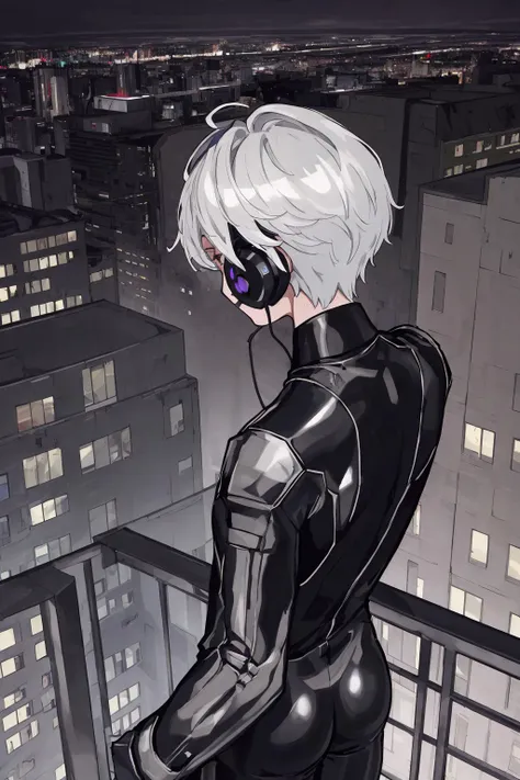 high quality, best quality, masterpiece, detailed, dramatic, 1boy, solo,
a rear view from above of a lean man with short silver hair in a dark metal bodysuit with a headphone, he is looking down from the rooftop of a building in an urban area of a futuristic city, midnight,