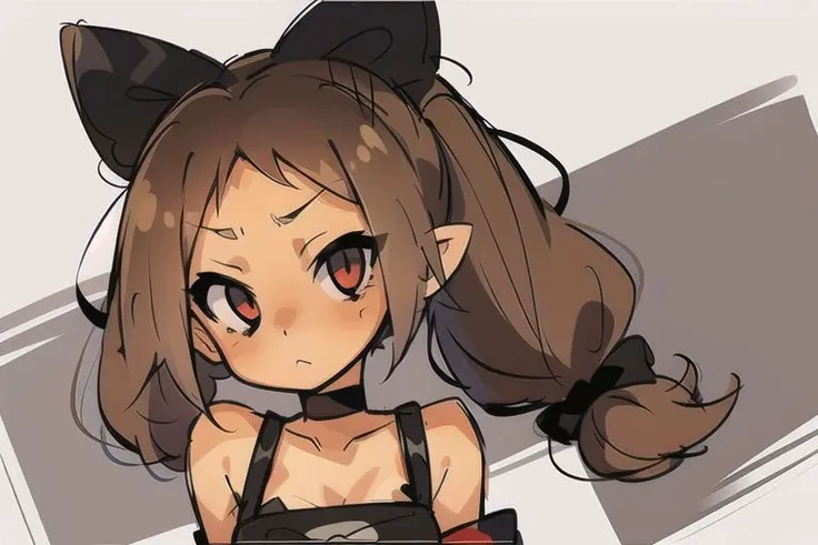 1girl, solo, bangs, bare shoulders, belt, black choker, black ribbon, blurry, blurry background, bow, breasts, brown hair, buckle, choker, cleavage, collarbone, depth of field, long hair, looking at viewer, medium breasts, red eyes, red hair, solo, strap, twintails, upper body, ((Masterpiece, best quality)), <hypernet:Toru8pWavenChibi_wavenchibiV10b:0.7> , <lora:samdoesartsSamYang_offset:0.3> ,