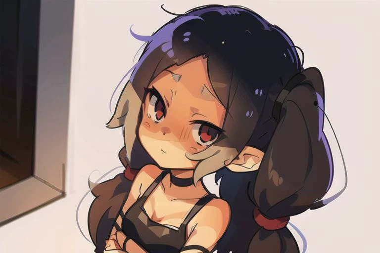 1girl, solo, bangs, bare shoulders, belt, black choker, black ribbon, blurry, blurry background, bow, breasts, brown hair, buckle, choker, cleavage, collarbone, depth of field, long hair, looking at viewer, medium breasts, red eyes, red hair, solo, strap, twintails, upper body, ((Masterpiece, best quality)), <hypernet:Toru8pWavenChibi_wavenchibiV10b:0.7> , <lora:samdoesartsSamYang_offset:0.3> ,