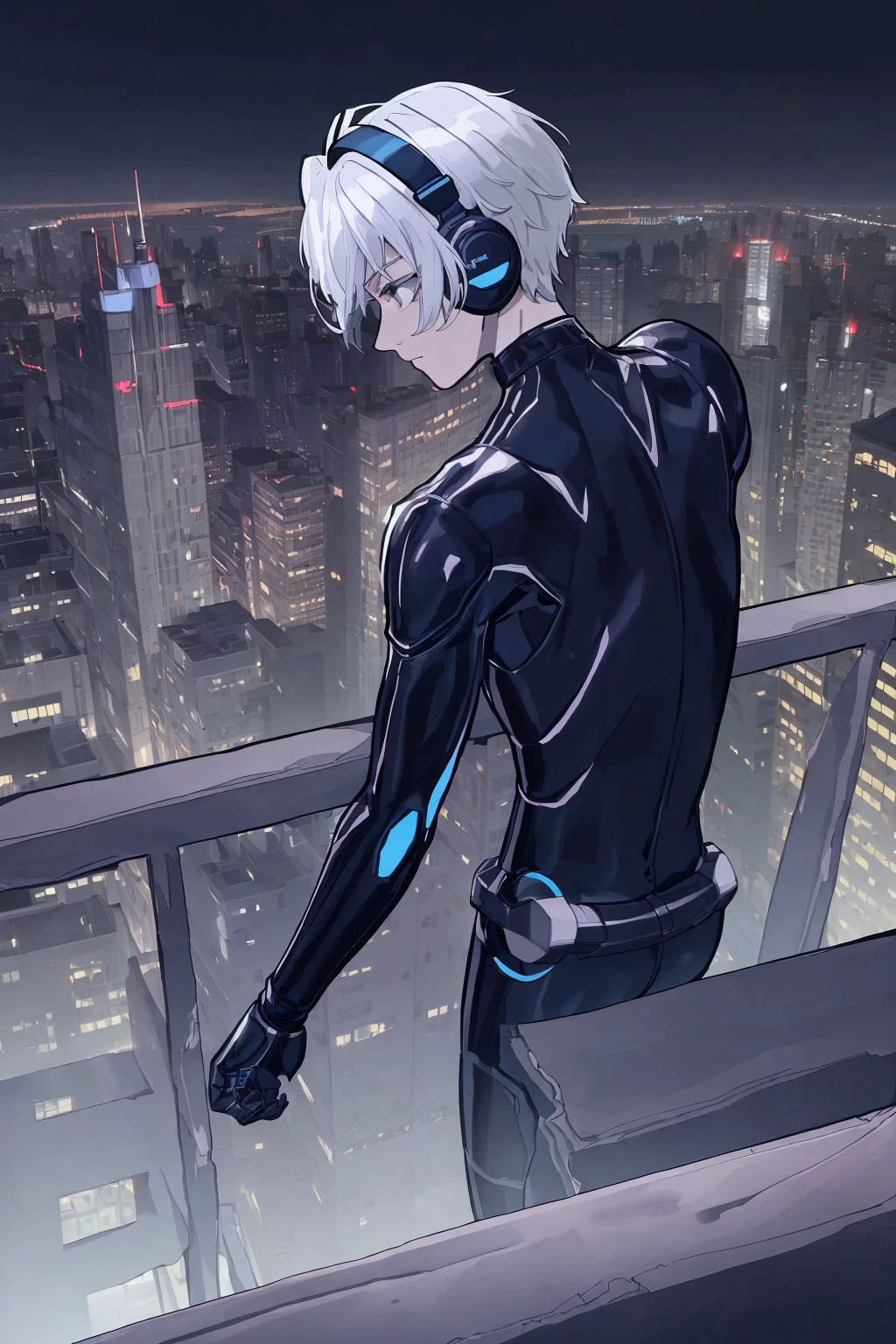 high quality, best quality, masterpiece, detailed, dramatic, 1boy, solo,
a side view from above of a lean man with silver hair in a metal dark blue bodysuit with a headphone, he is looking down from the top of a skyscraper building in an urban area of a futuristic cyber city, in nighttime,