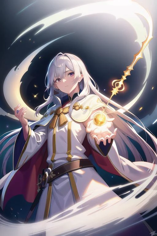 photorealistic photo of a handsome young male wizard, white wizard shirt with golden trim, white robe moving in the wind, long white hair, fully clothed, perfect face, handsome, (perfect composition:1.4), deviantart hd, artstation hd, concept art, detailed face and body, award-winning photography, margins, detailed face, detailed hands, ,backlight, 12k ultrarealistic, ray tracing, intense gaze, looking at the viewer, cinematic lighting, art by Grzegorz Rutkowski, embers, high fantasy background, action pose, hands up to 90 degrees, holding a small magic wand, water splash, misty
