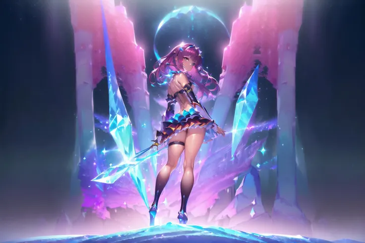 (masterpiece, best quality:1.2), (extremely detailed CG unity 8k wallpaper:1.2), (illustration:1.2), (3d:1.2), (realistic body:1.0), ((awesome detailed)), [hyper detailed], (ultra detailed skin), ((many layers)), beautiful hair, ./, (glistening shining skin:1.4), intense shadow, (official art:1.1), (sketch:1.1), (raytracing:1.2), best quality, illustration, 1000000k, ((best quality, illustration)), (solo:1.1) (cool beauty:1.3) (kawaii:1.3) (girl:1.1) (back full body:1.3) (standing hand holding crystal sword gripping crystal sword in hand:1.3) (darkred hair medium hair:1.2) (darkred gauntlets greaves:1.3) (bare shoulders) (detailed darkred armor jewelry bustier darkred mini skirt:1.3) (back:1.3) (back:1.3) (back:1.3) (scenic view ice palace dungeon on cloud :1.4) (fantasy ice world mountains blue sky outdoors:1.3) (glitter wind chromatic aberration synesthesia:1.4)