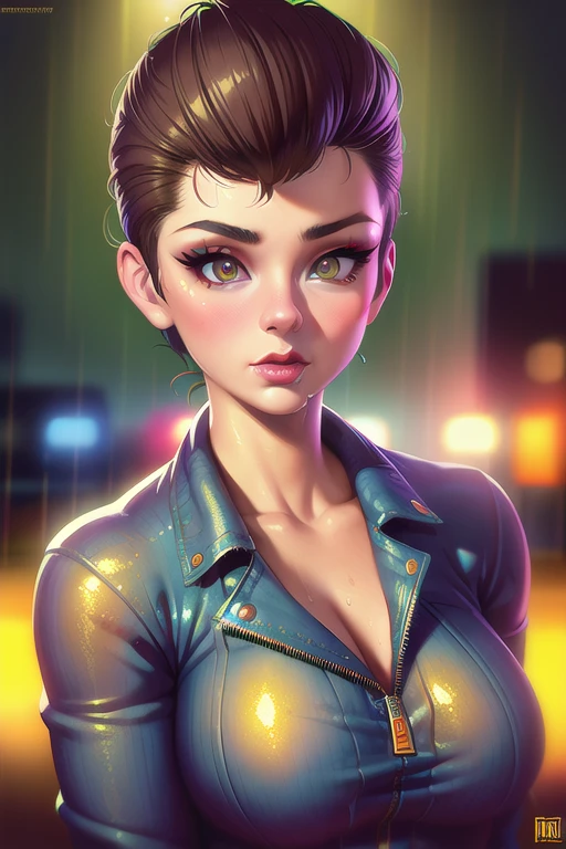 1girl pinup, wearing a jacket and jeans, pompadour, atompunk, film grain, vintage,under the rain,streets city, ((detailed facial features)), ((wide angle)), runny makeup, dynamic pose, detailed, illustration, trending artstation, digital painting,symmetric,atmospheric lighting, color