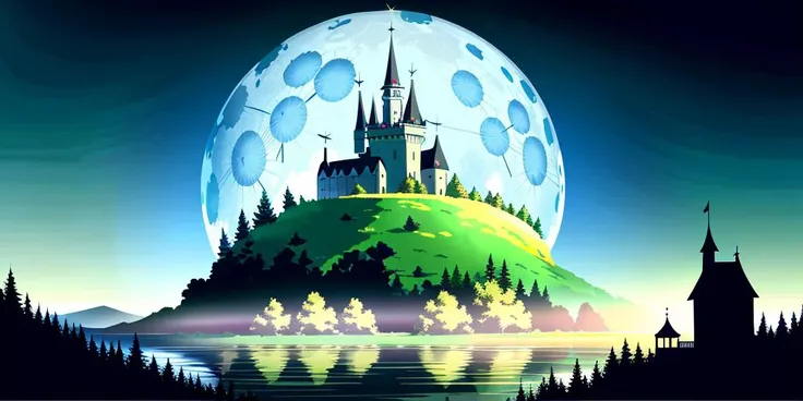 RAW photo, a castle on a hill with a green field below it and a blue sky above it, ((the stars are melting, along the golden shores, there are pines and over the spruce, the moon was reflected in a glass)), fantasy, (high detailed:1.2), 8k uhd, dslr, soft lighting, high quality, film grain, BREAK, 1960s \(style\), (extremely detailed CG unity 8k wallpaper, masterpiece, best quality, ultra-detailed, best shadow), (best illumination, an extremely delicate and beautiful), outline, scape of, floating object, lens flare, rule of thirds, sharp focus, smooth, aesthetic, moody, atmospheric, cinematic, high quality, ((caustic)), dynamic angle, beautiful detailed glow,