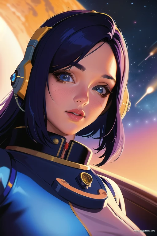 half body portrait of a beautiful female astronaut wearing retro spacesuit looking determinedly into the camera, in her spaceship's cocpit fit body, octane render, highly detailed pinup comic art, Masterpiece, best quality, (realistic), soft lighting cinematic shot, concept art illustration by earle bergey , Virgil Finlay, Peter Elson, Syd Mead