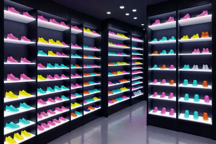 Anime Style, Shoes, Shoe Store, Display shelf, The shoes are neatly arranged on display shelves, showcasing a variety of styles and sizes. Customers browse through the selection, searching for the perfect pair Dream Pop, Digital Collage Neon Signs