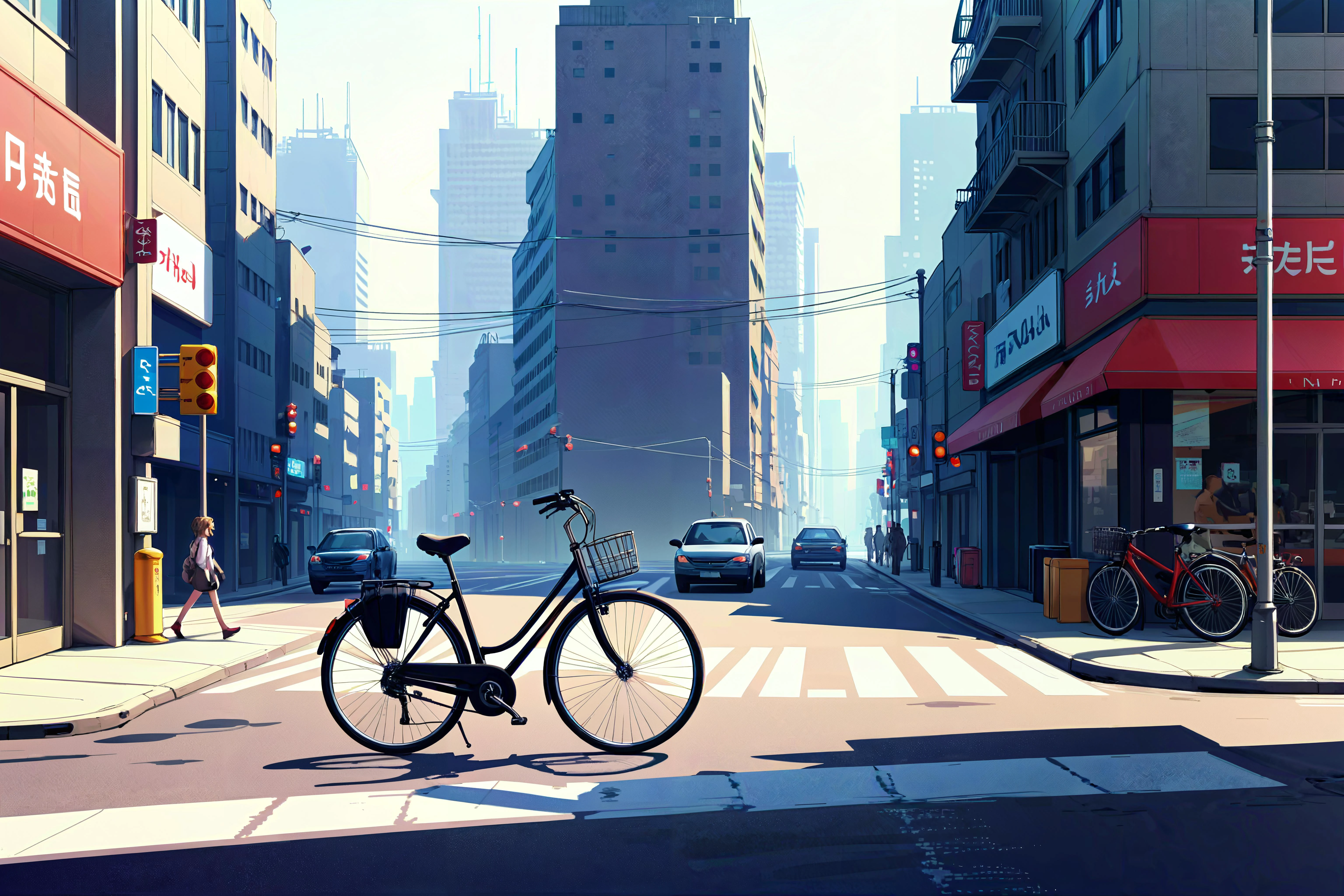 Anime Style, Bicycle, Urban Street, Street level, Parked against a bike rack, the bicycle leans slightly to one side. Pedestrians walk by on the bustling sidewalk, and cars pass in the street beside it Glitch Art, Digital Art Skyline