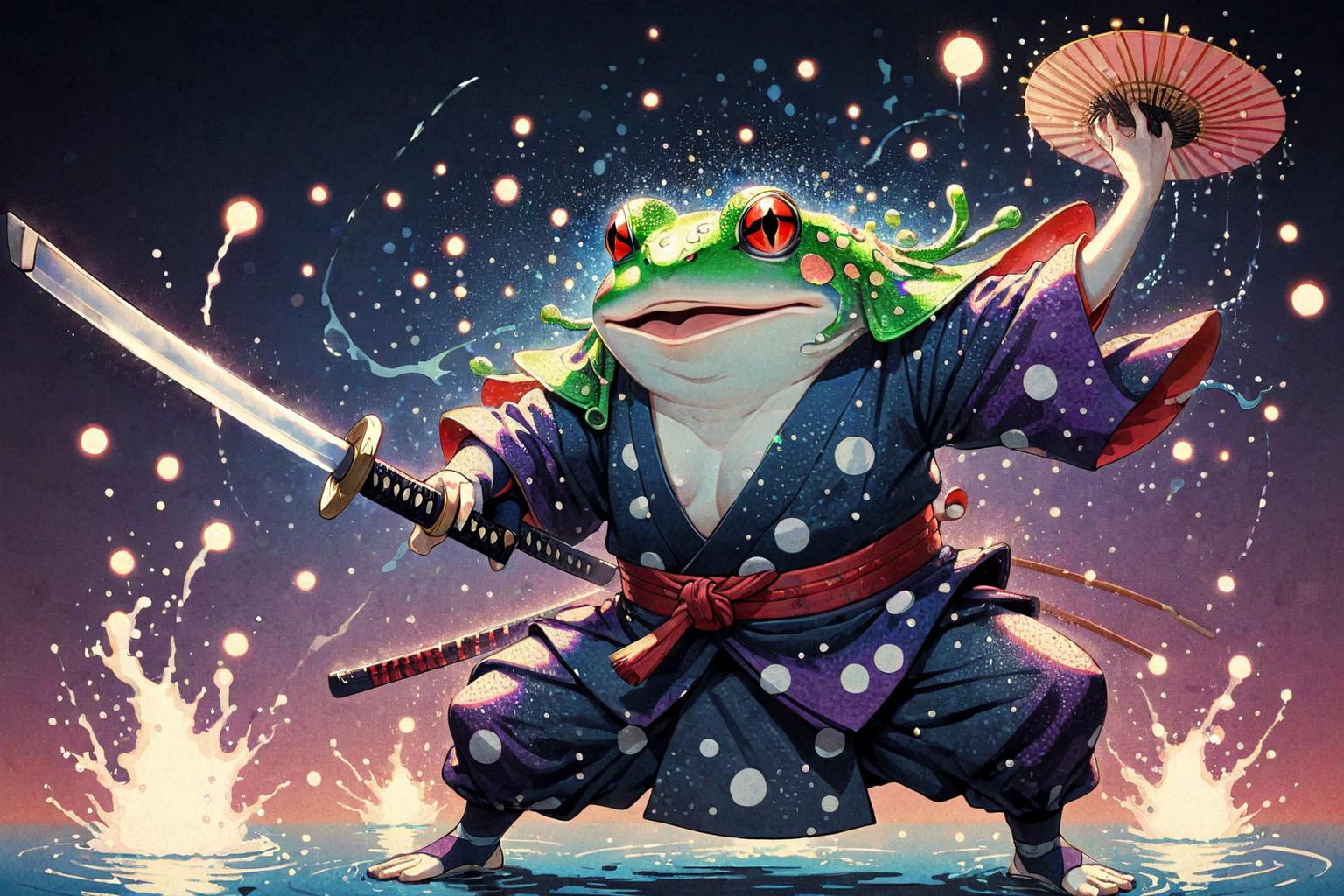 Pointillist style with small, distinct dots of color that blend together to form an image, ninja toad wearing kabuki makeup and costumes and using magic to summon water spirits. with a long katana, small dots, distinct, blend together, dotted, intricate, optical illusion, vibrant, detailed, iridescent lights