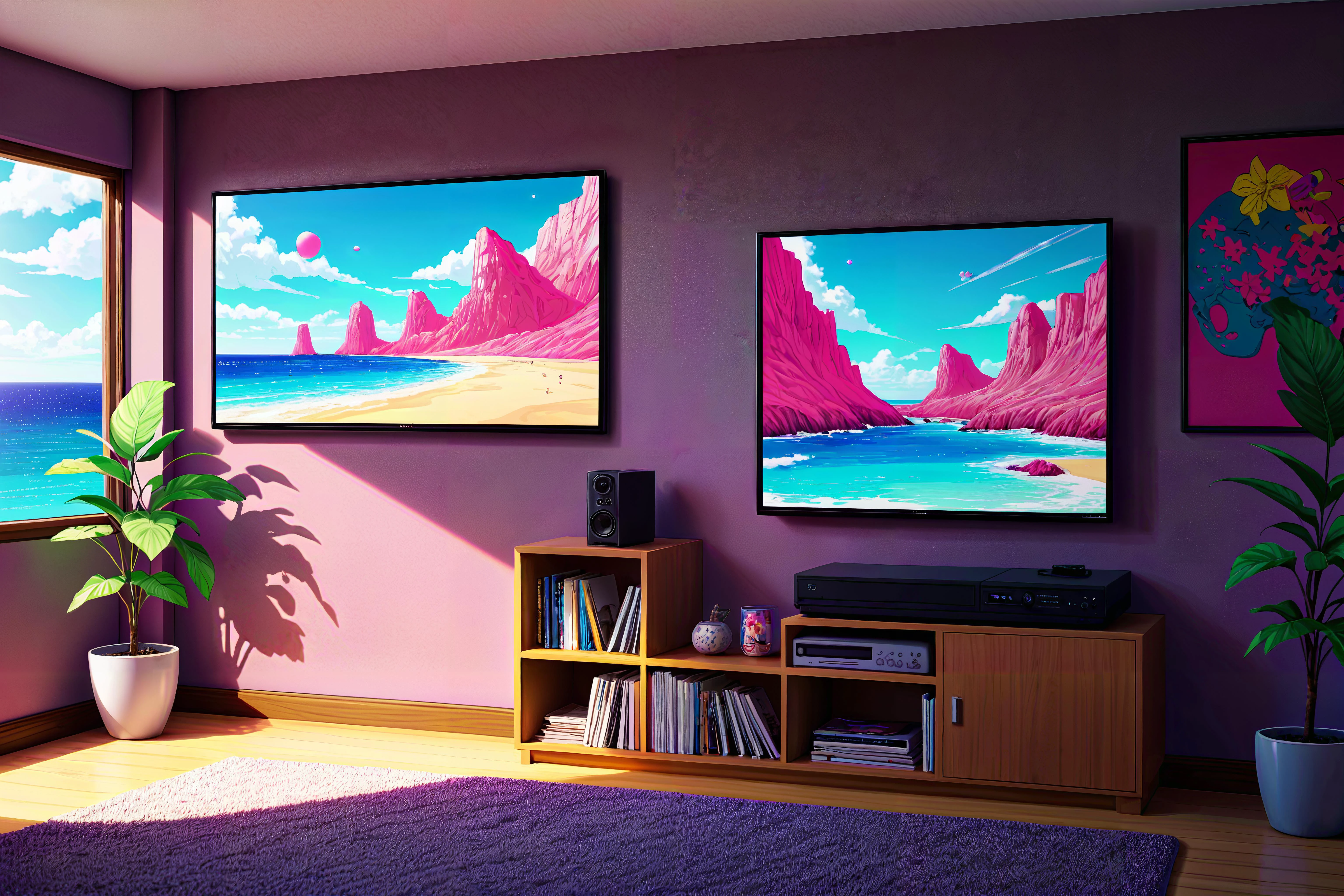 Anime Style, Television, Living Room, Wall-mounted, The television is mounted on the wall, displaying a news program. Surrounding it, family photos and artwork add a personal touch to the room 80s Synthwave, Digital Collage Beach Horizon
