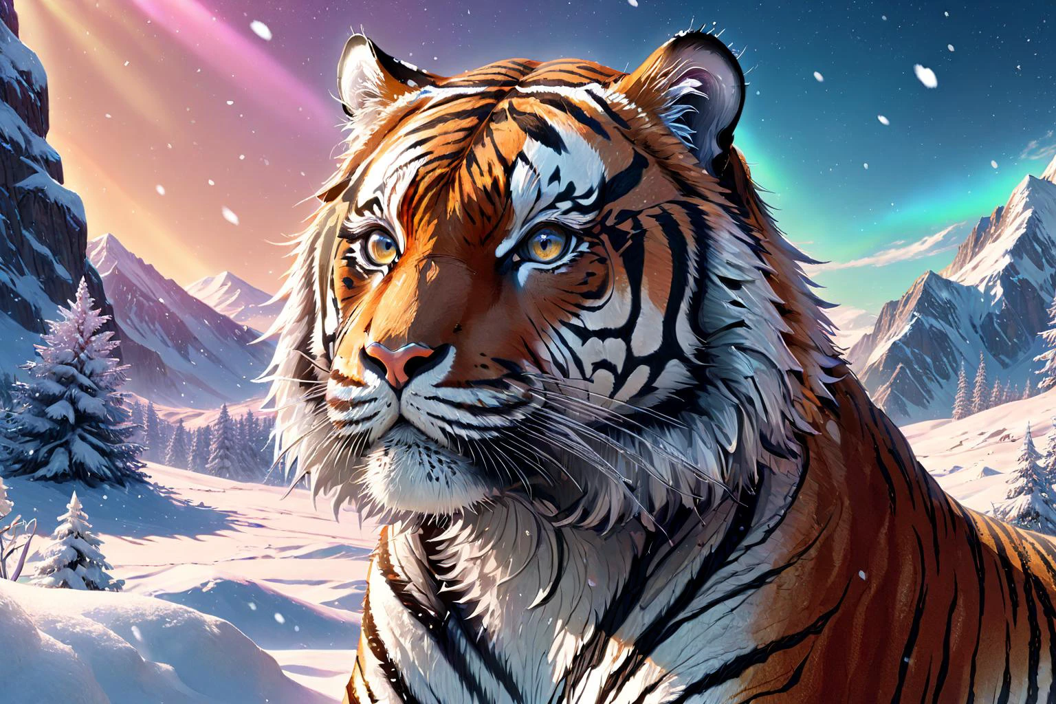nature, serene, bliss, intricate details, key visual, cinematic, colorful natural lighting, raw, masterpiece, great quality, intricate details, 8k resolution, hyperdetailed photograph, shiny, beautiful lighting, iridescent colors, perfectly shaded, out of this world beautiful, smooth, clean, rich, ((1 siberian tiger, detailed fur, snow, masterpiece, great quality))