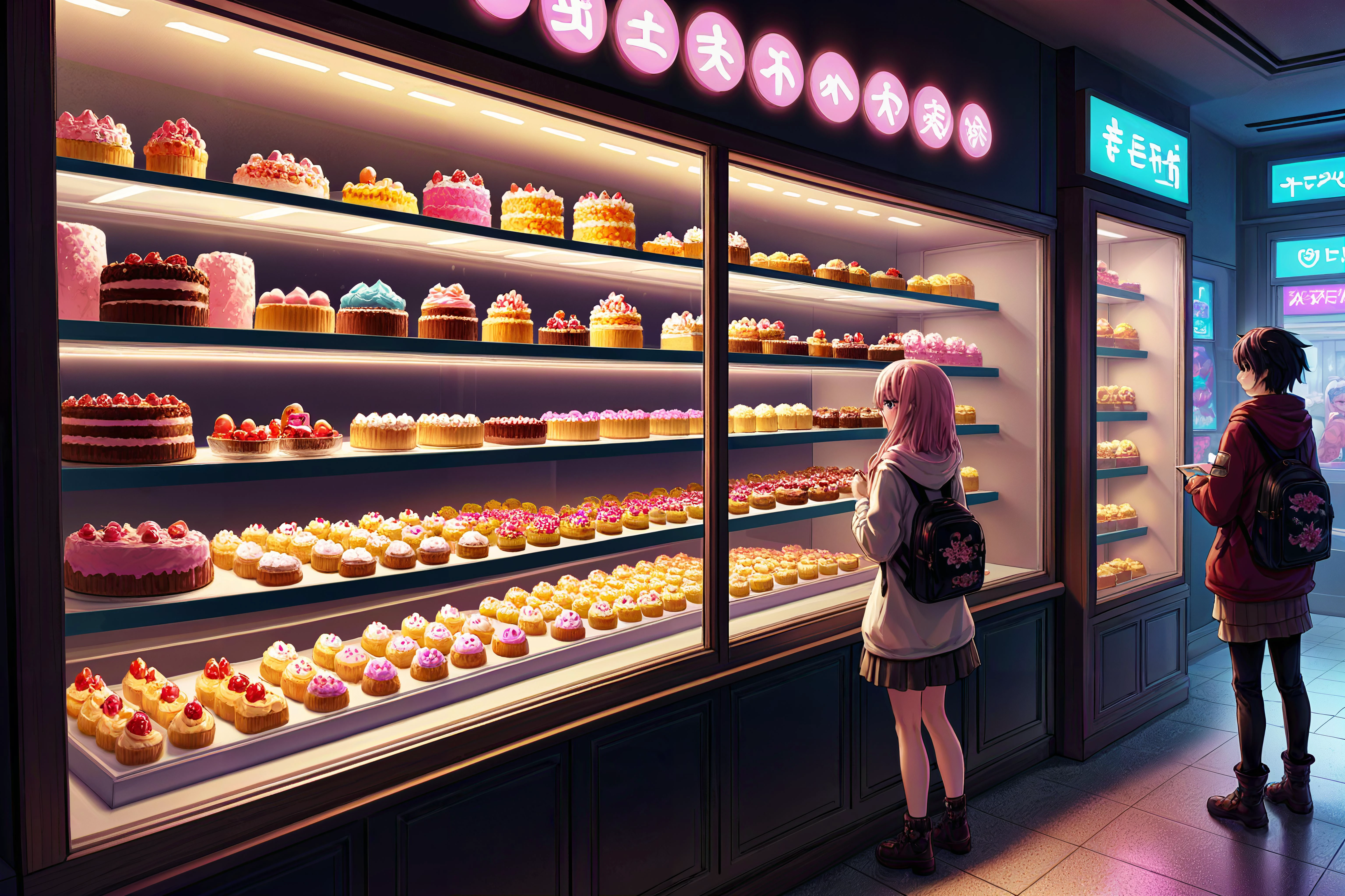 Anime Style, Cake, Bakery, Display case, The cake is displayed in the bakery's glass case, adorned with frosting flowers and intricate decorations. Customers admire its beauty and decadent aroma as they browse the bakery's offerings Synthwave Illustration, Digital Illustration Post-Apocalyptic Wasteland