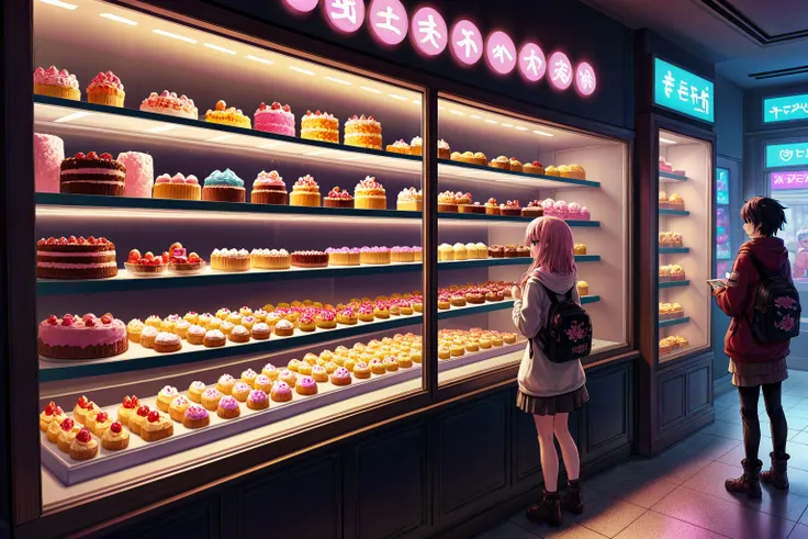 Anime Style,  Cake, Bakery, Display case, The cake is displayed in the bakery's glass case, adorned with frosting flowers and intricate decorations. Customers admire its beauty and decadent aroma as they browse the bakery's offerings  Synthwave Illustration, Digital Illustration  Post-Apocalyptic Wasteland