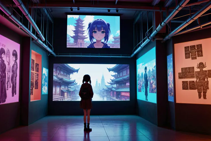 Anime Style, Sculpture, Art Museum, Gallery, The sculpture stands in the museum gallery, its form a testament to the artist's skill and creativity. Visitors admire its beauty and contemplate its meaning as they stroll through the exhibit Experimental Film Art, Video Installation Cyberpunk Floating Market