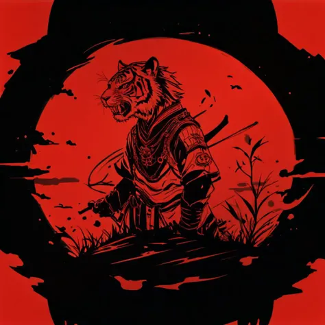 Superflat style with flat, two-dimensional imagery, inspired by Japanese manga and anime, often with a commentary on consumer culture, (Warrior samurai tiger:1.35), black, red, serenity, war, superflat, flat, two-dimensional imagery, Japanese manga, anime, commentary, contemporary, dynamic, vibrant