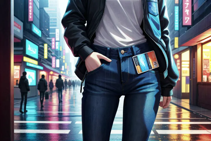 Anime Style, Wallet, Pocket, Jeans, The wallet rests snugly in the pocket of a pair of jeans, its contents safely tucked away. Nearby, the sound of bustling streets fills the air as people go about their day Digital Futurism, Digital Art Rainy Atmosphere