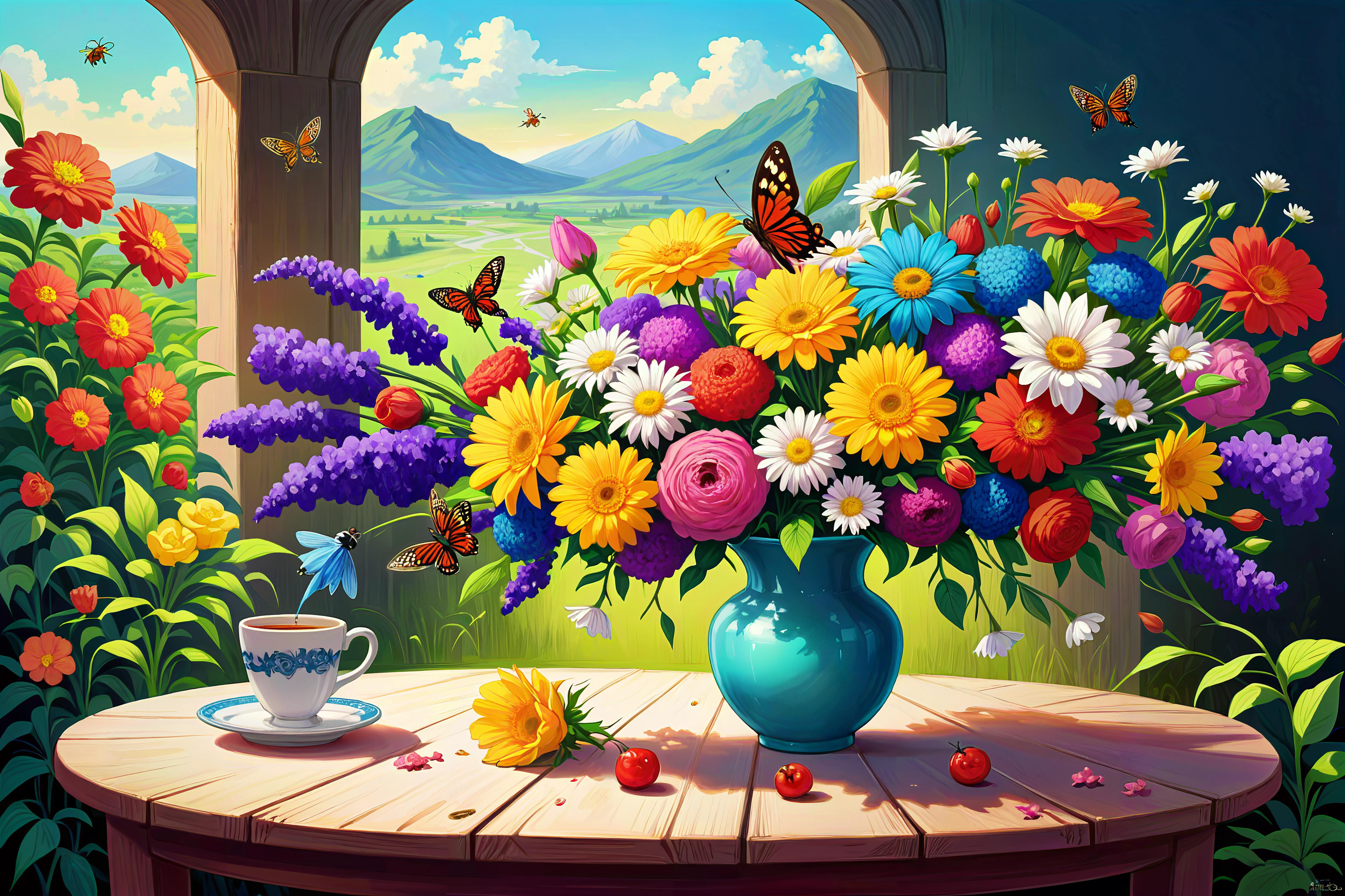 Anime Style, Flower, Garden, Bouquet, The flower bouquet sits on a garden table, its vibrant colors and sweet fragrance delighting visitors. Bees buzz around, drawn to the nectar-rich blossoms Classic Surrealism, Oil Painting Archaeologist