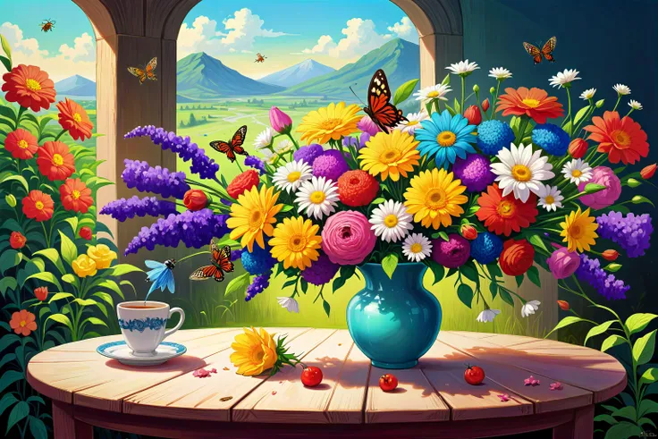 Anime Style,  Flower, Garden, Bouquet, The flower bouquet sits on a garden table, its vibrant colors and sweet fragrance delighting visitors. Bees buzz around, drawn to the nectar-rich blossoms  Classic Surrealism, Oil Painting  Archaeologist