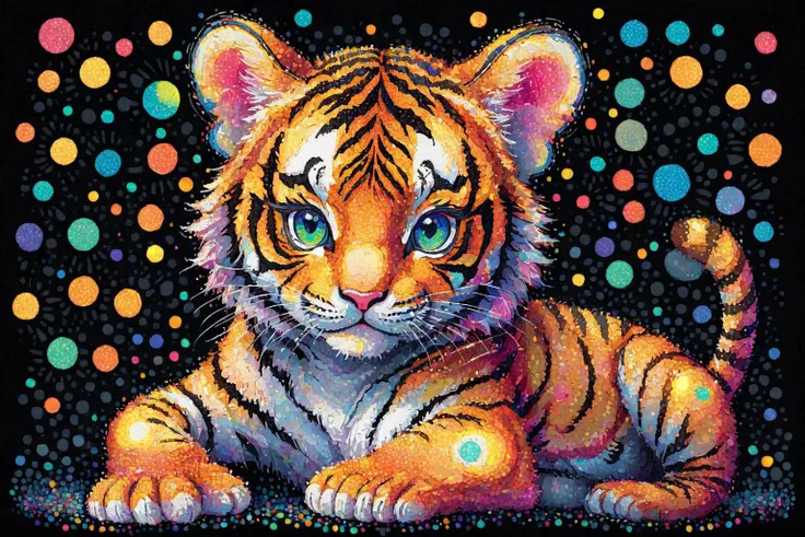 Pointillist style with small, distinct dots of color that blend together to form an image, silly little tiger cub, small dots, distinct, blend together, dotted, intricate, optical illusion, vibrant, detailed, iridescent lights