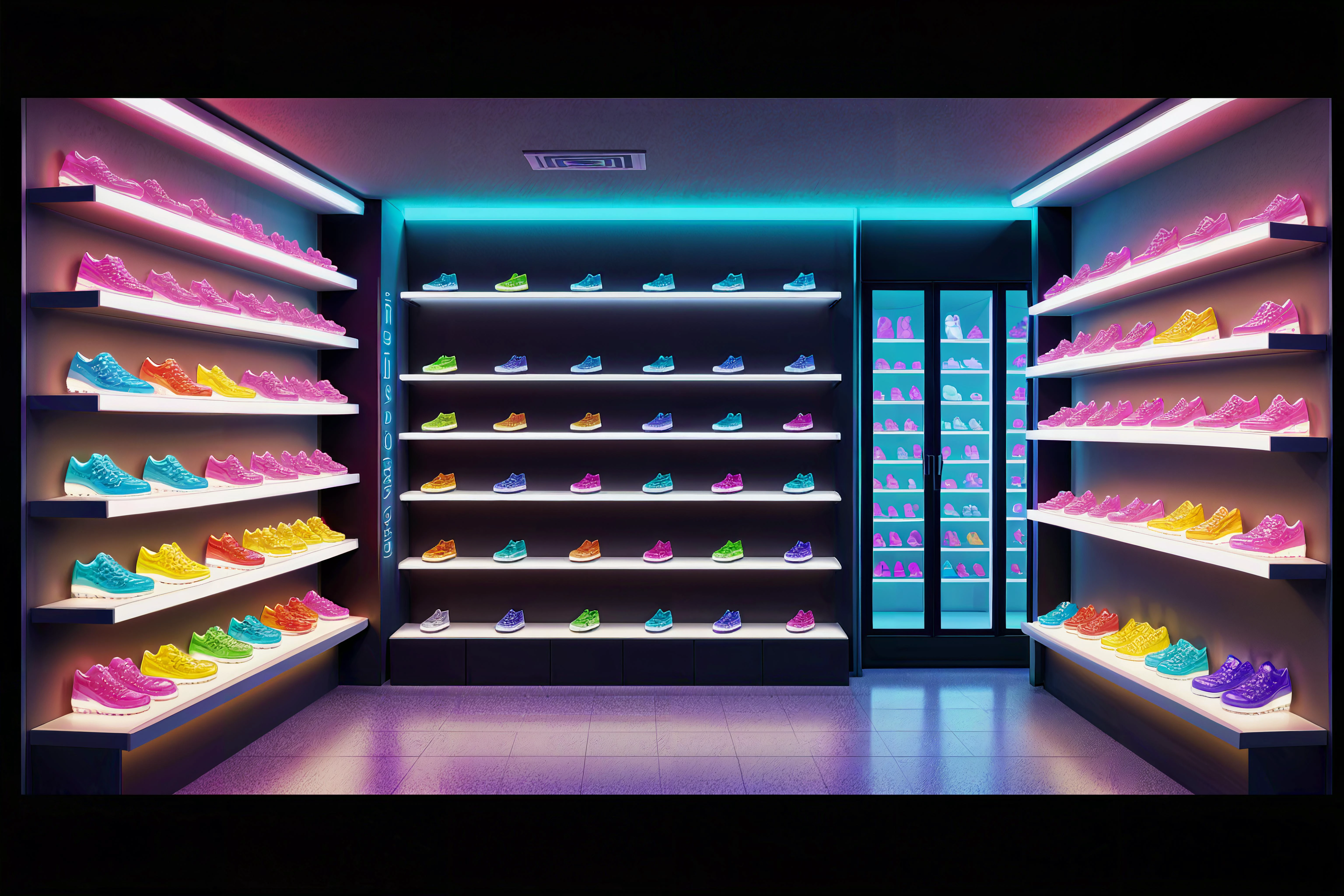 Anime Style, Shoes, Shoe Store, Display shelf, The shoes are neatly arranged on display shelves, showcasing a variety of styles and sizes. Customers browse through the selection, searching for the perfect pair Dream Pop, Digital Collage Neon Signs