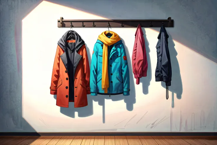 Anime Style,  Jacket, Coat Rack, Hanging, The jacket hangs on a coat rack, its fabric warm and inviting. Nearby, scarves, hats, and gloves await their turn to be worn on chilly days  Urban Expressionism, Spray Painting  Poet