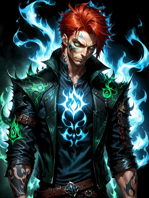 trickster mage with black shadow cat on shoulder, concept_art, blue flames, green flames, red hair, tattoo, arcane symbols, dark, mysterious, leather_jacket, magic:_the_gathering, masculine, male, muscular_male, (scar:1.3), ugly_bastard,