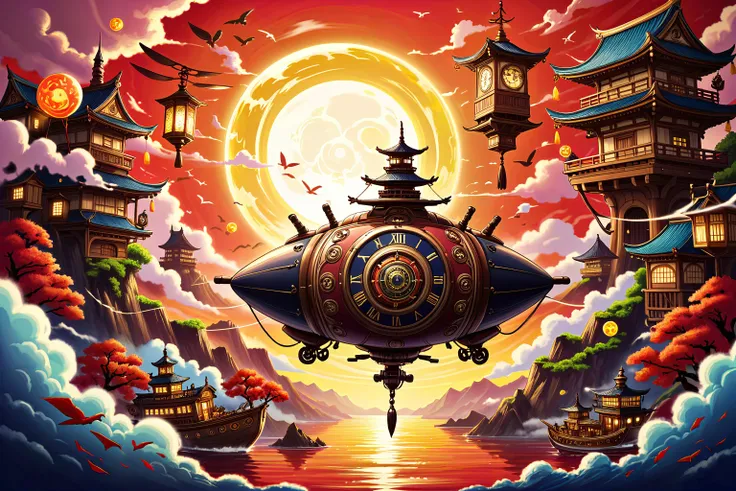 Nihonga style with traditional Japanese painting techniques and materials, often depicting traditional themes and motifs, An anime-inspired visual style with colorful characters, expressive features, and vibrant backgrounds, Steampunk fantasy featuring airships, clockwork, steampunk fantasy, airships, clockwork, fantasy, anime, Japanese animation, colorful characters, expressive features, vibrant backgrounds, stylized, charming, nihonga, traditional Japanese painting techniques, traditional themes, traditional motifs, artistic, cultural, detailed, precise