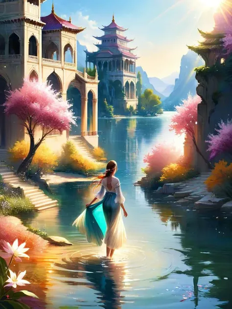 2girls,(masterpiece:1.2),best quality,multicolored,masterpiece,best quality,((an extremely delicate and beautiful)),floating,(detailed wet clothes),(detailed light),feather,nature,(sunlight),river,floating palace,beautiful and delicate water,(bloom),(shine),panorama,landscape,