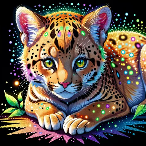 Pointillist style with small, distinct dots of color that blend together to form an image, little puma cub laying on ground, small dots, distinct, blend together, dotted, intricate, optical illusion, colorful, vibrant, detailed, iridescent lights,Pointillist style with small, distinct dots of color that blend together to form an image, little puma cub laying on ground, small dots, distinct, blend together, dotted, intricate, optical illusion, colorful, vibrant, detailed, iridescent lights