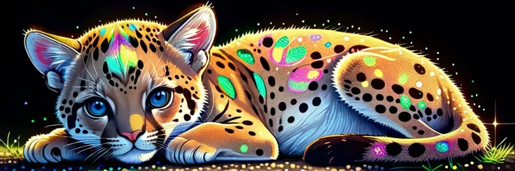 Pointillist style with small, distinct dots of color that blend together to form an image, little puma cub laying on ground, small dots, distinct, blend together, dotted, intricate, optical illusion, vibrant, detailed, iridescent lights
,Pointillist style with small, distinct dots of color that blend together to form an image, little puma cub laying on ground, small dots, distinct, blend together, dotted, intricate, optical illusion, vibrant, detailed, iridescent lights