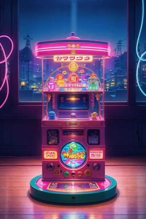 masterpiece, official art, Wave Art Style, (masterpiece, best quality, ultra-detailed, highres), indoors, no humans, window, traditional media, scenery, gachapon machine, gachapon,, high detailed, 8k, outrun, electric light wires, ultra sharp, extremely detailed, Photorealistic