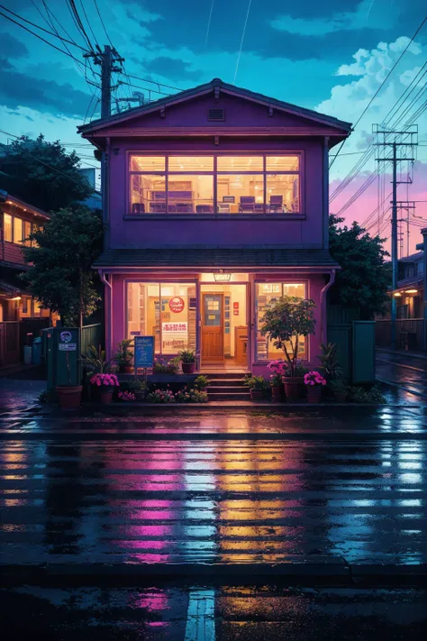 masterpiece, official art, Wave Art Style, (masterpiece, best quality, ultra-detailed, highres), bicycle, no humans, outdoors, power lines, rain, utility pole, ground vehicle, plant, scenery, road, street, house, building, potted plant, sign, window, flower, air conditioner, flower pot, sky, high detailed, 8k, outrun, electric light wires, ultra sharp, extremely detailed, Photorealistic,