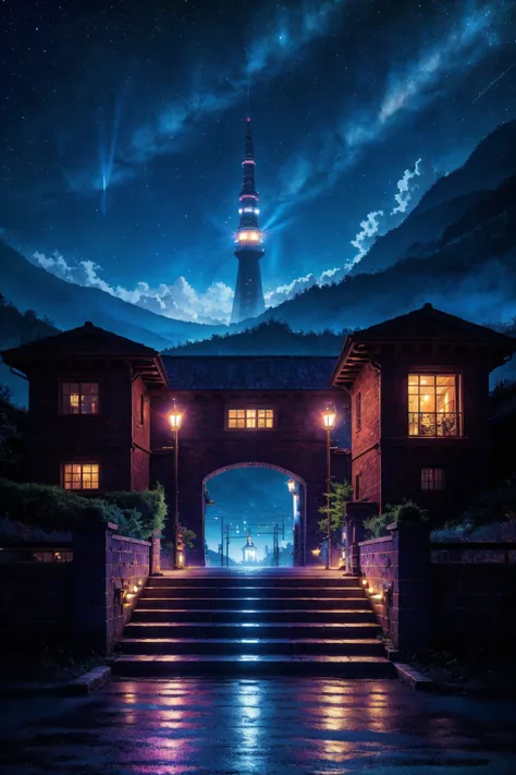 masterpiece, official art, Wave Art Style, (masterpiece, best quality, ultra-detailed, highres), bridge, building, chimney, cloud, fantasy, house, night, night sky, no humans, outdoors, scenery, sky, stairs, star , (sky), starry sky, tower, tree, high detailed, 8k, outrun, electric light wires, ultra sharp, extremely detailed, Photorealistic