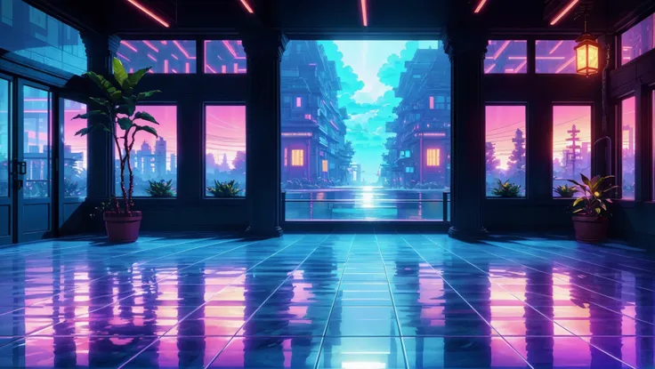 masterpiece, official art, checkered floor, indoors, neon lights, no humans, indoors, building, cloud, no humans, outdoors, pillar, plant, reflection, scenery, sky, tile floor, tiles, tree, water, window, high detailed, 8k, outrun, electric light wires, ultra sharp, extremely detailed, Photorealistic, Canon EOS Mark IV