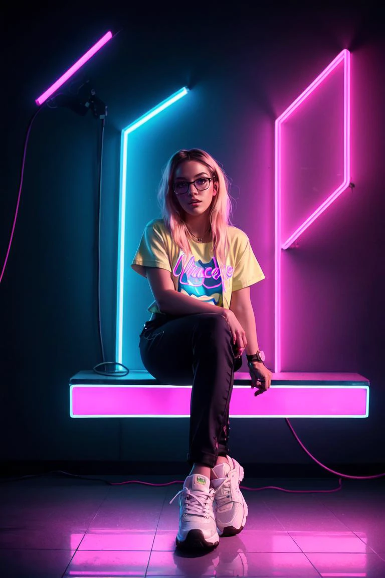 synthwave punk style, vaporwave style, synthwave, vaporwave colors, nvinkpunk, (masterpiece, best illustration, extreme light and shadow), 1girl, black pants, blonde hair, crossed legs, dark skin, dark-skinned female, glasses, lips, long hair, looking at viewer, neon lights, pants, round eyewear, shirt, shoes, sitting, sneakers, solo, rule of thirds, outrun, vaporwave, trending on artstation, highly detailed, fine detail, (dynamic angle), Vantage point, 4 point perspective, LUT like a movie, depth of field, (sidelighting), (volumetric lighting), liminal horror, vaporwave punk, neon 1980s, lucid dream acid drip