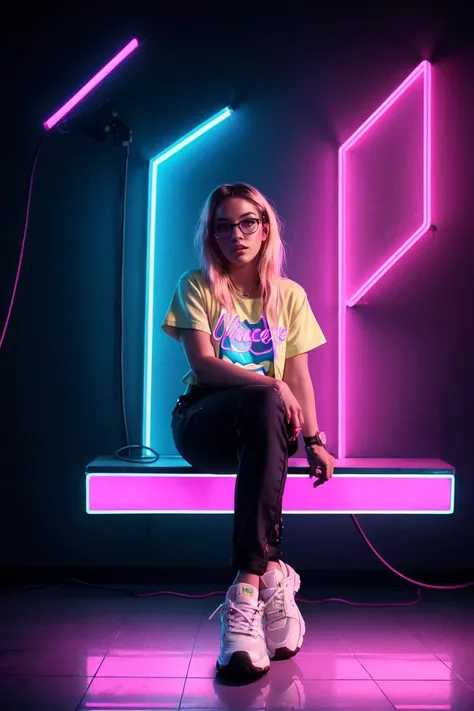 synthwave punk style, vaporwave style, synthwave, vaporwave colors, nvinkpunk, (masterpiece, best illustration, extreme light and shadow), 1girl, black pants, blonde hair, crossed legs, dark skin, dark-skinned female, glasses, lips, long hair, looking at viewer, neon lights, pants, round eyewear, shirt, shoes, sitting, sneakers, solo, rule of thirds, outrun, vaporwave, trending on artstation, highly detailed, fine detail, (dynamic angle), Vantage point, 4 point perspective, LUT like a , depth of field, (sidelighting), (volumetric lighting), liminal horror, vaporwave punk, neon 1980s, lucid dream acid drip