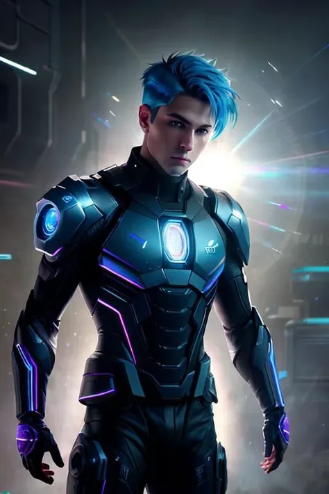 nvinkpunk, ((1boy, solo, male focus)), two tone hair, blue hair, blonde hair, purple eyes, mature male, masculine, (masterpiece, best_quality, ultra-detailed, immaculate:1.3), epic, illustration, render, volumetric lighting, cybernetic armor, depth of field, full body, standing in a spaceship, (fantasy), (lens flare, light leak, prismastic), shiny skin, cg, (side-lighting), (cyberpunk), dynamic angle, (close up), LimitBreakStyler