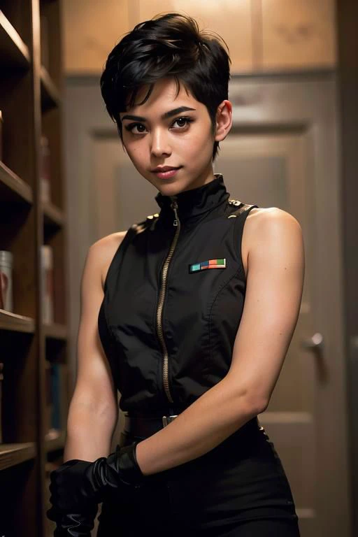 spiky bald hairstyle, short hair, mexican skin, gloves, uniform military, 1girl ,dark black hair, ((hair cut super short,)), soft Brown eyes, smile lips,