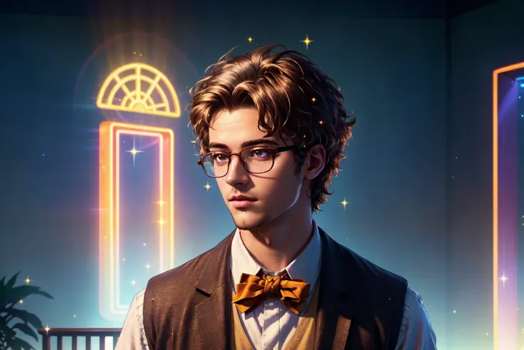 (masterpiece, best_quality, ultra-detailed, (simon petrikov), immaculate:1.3), epic, illustration, render, volumetric lighting, welcoming, see-through gossamer, in Japan, 1boy, male focus, white eyes, fluffy hair, short hair, curly hair, antique eyewear, glasses, two tone hair, brown hair, streaked hair, white streak, black linen vest, yellow shirt, bow tie, brown linen jacket, brown linen pants, (inked lines, LUT Like a , sparkles, glitter), (lens flare, light leak, prismatic), shiny skin, wind swept hair, cg, (side-lighting, studio lighting, neon lighting, Rembrandt Lighting, specular highlights, specular reflection, tone mapping, detailed eyes, detailed face, detailed cloth, extreme light and shadow), wide shot, upper body, bar scene, cafe scene, extreme light and shadow, indoors, official art, (tumblr sexy twink man)