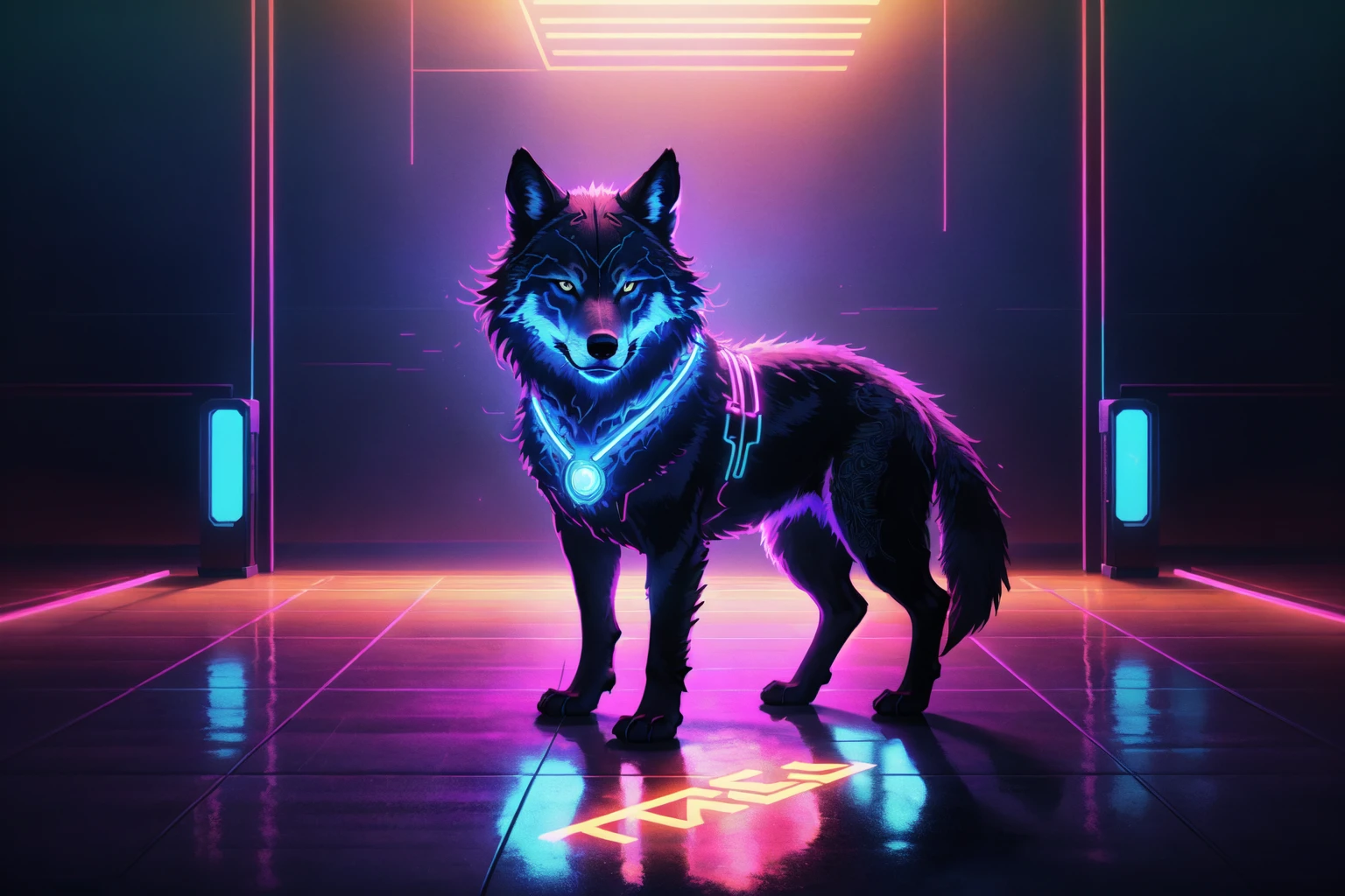 snthwve style nvinkpunk (nvinkpunk:1.2) (snthwve style:0.8) wolf, anthro, lightwave, sunset, intricate, highly detailed, intricate, elegant, highly detailed, digital painting, artstation, concept art, smooth, sharp focus, illustration, art by greg rutkowski and alphonse mucha, 8k, close up, NeonLighting
